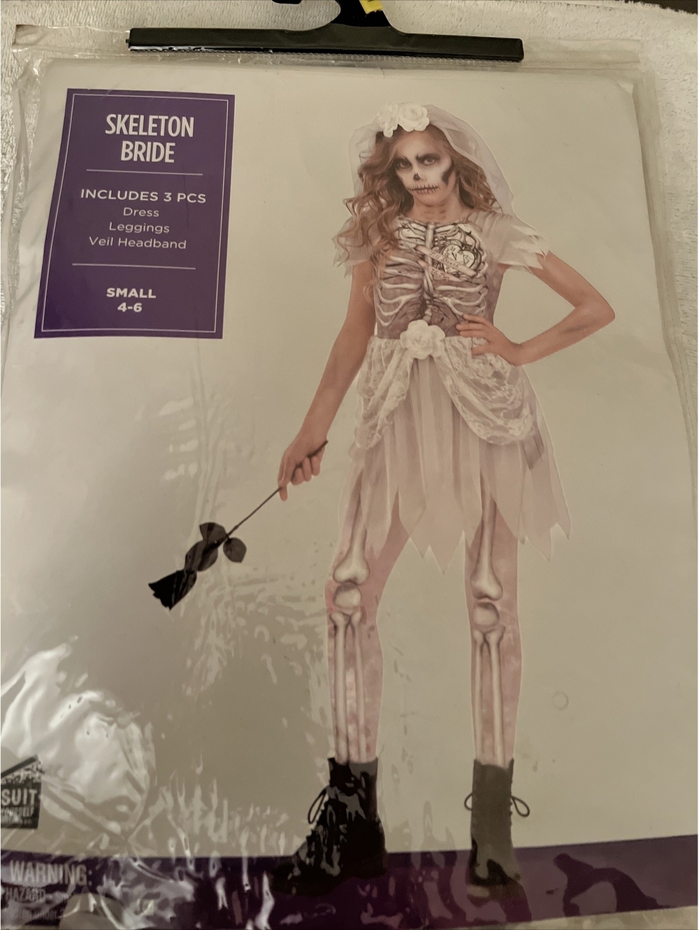 Skeleton Bride Halloween Costume Girl Child Small 4-6, 3pc Dress, Veil, Legging